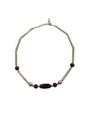 Sarah Coventry Vintage Gold-Tone Necklace With Brown Beads & Tubular Links 1970s